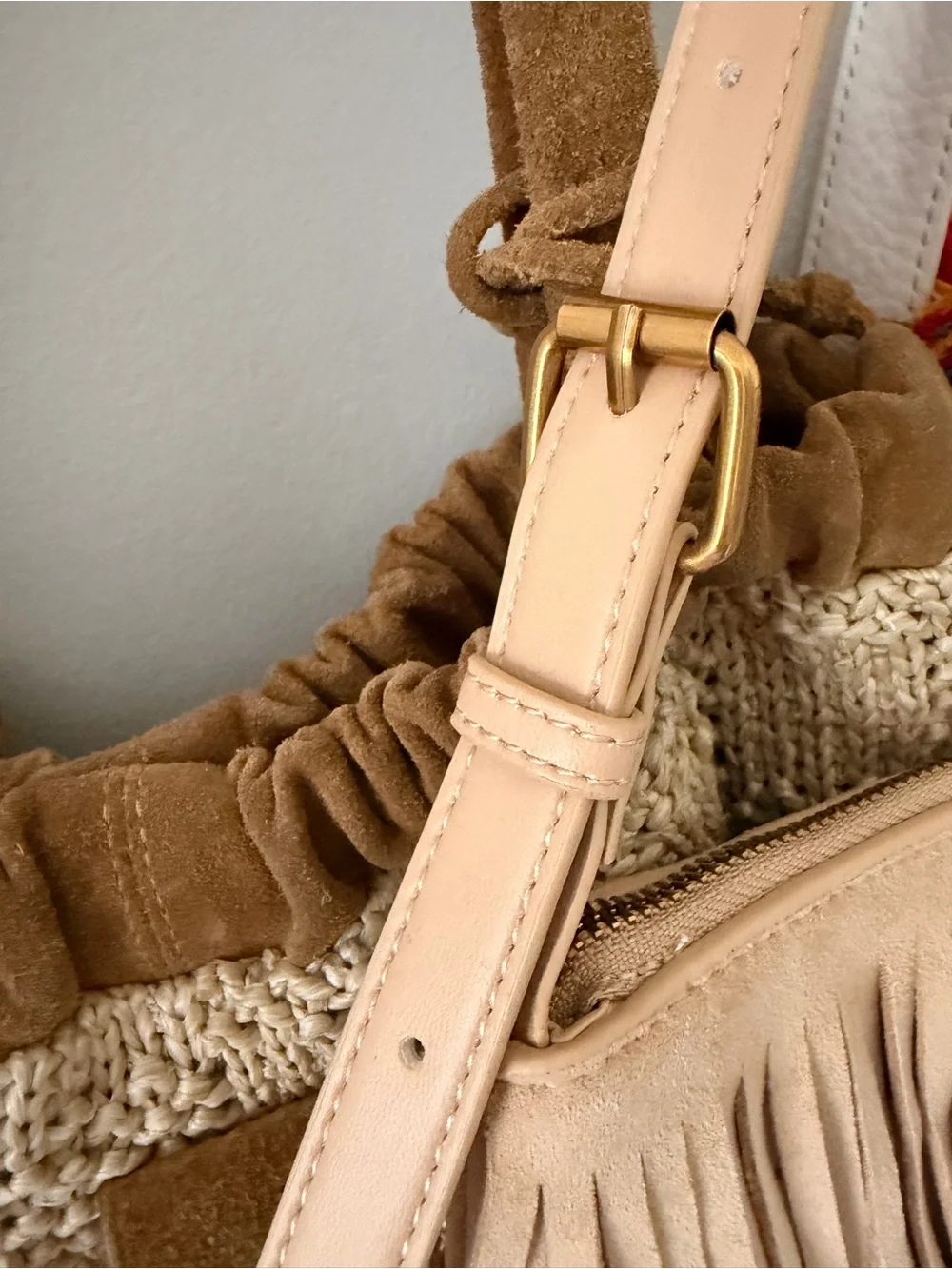 Steve Madden Nude Fringe Crossbody Bag with Gold Hardware